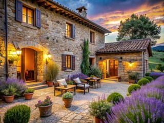 Fototapeta premium Charming Tuscan Farmhouse: Rustic, Cozy, Exposed Beams, Stone Walls, Lavender and Yellow