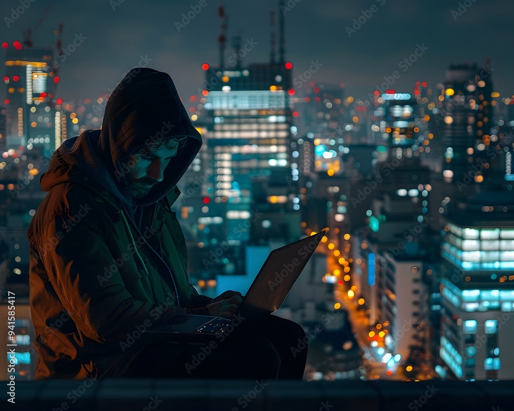 Poster solitary hacker coding intensely on city rooftop at night