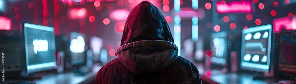 Poster hacker blending into neon lit cyber cafe screens glowing in mysterious atmosphere