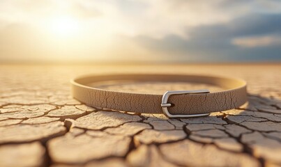 A solitary leather belt rests on cracked earth, symbolizing resilience in a harsh environment, illuminated by the warm sun.