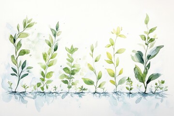 A serene watercolor illustration of various green plants showcasing diverse shapes and textures, perfect for nature lovers.