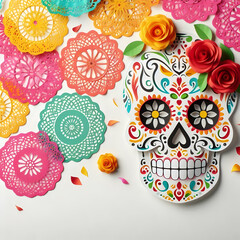 Papel Picado and Sugar Skull Vector concept as A vector design featuring papel picado patterns and a sugar skull isolated on a white background. The combination of these elements represents the festiv