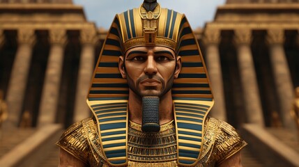 A striking depiction of an ancient Egyptian pharaoh, showcasing intricate attire and royal grandeur against historical architecture.