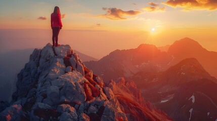 Resolute Businesswoman Atop Mountain Gazing at Stunning Sunrise Symbolizing Success and Overcoming Challenges