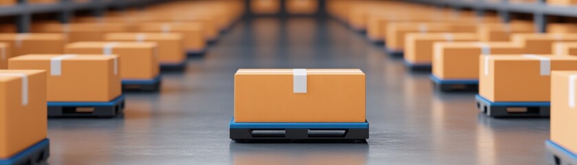 A single orange package stands out in a warehouse filled with stacked boxes, showcasing efficient logistics and storage solutions.
