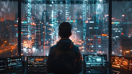 Hacker Immersed in Futuristic Cityscape with Multiple Data Screens and Intense Coding