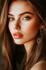 Fototapeta premium Close-up portrait of a young woman with smooth skin, long brown hair, and green eyes, wearing elegant earrings, with soft lighting highlighting her features and a natural makeup look