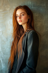 Fototapeta premium Portrait of a young woman with long red hair, standing against a textured wall, wearing a dark jacket, and looking at the camera with a calm expression in soft natural light