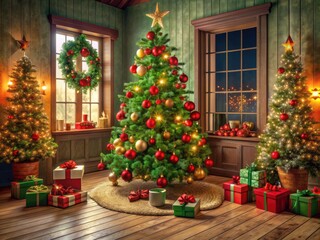 Christmas Merriment: Traditional, cheerful, nostalgic, green, red, Christmas tree