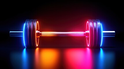 Neon barbell illuminated with colorful lights, perfect for fitness and gym-related imagery.