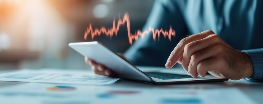 Close-up of a person using a tablet with analytical data and charts for business insights and digital performance tracking.