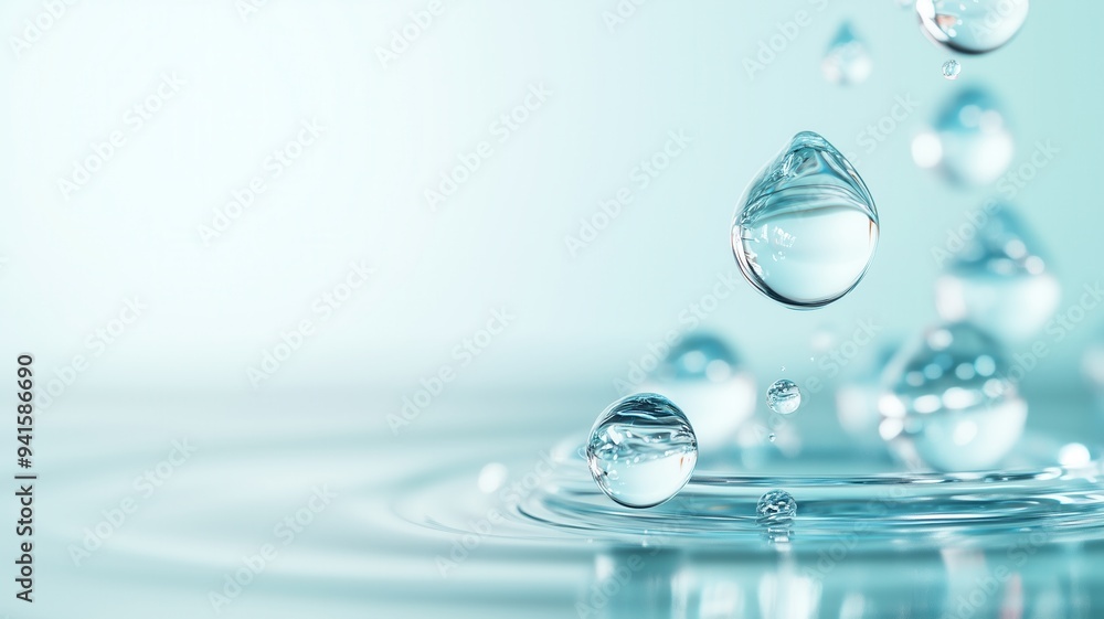 Poster close-up of water droplets on a tranquil surface, reflecting light and creating a serene atmosphere 