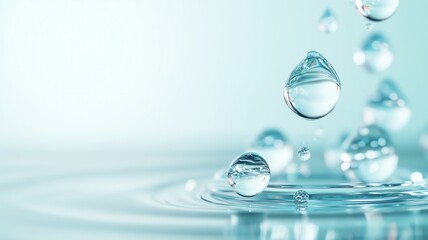 Close-up of water droplets on a tranquil surface, reflecting light and creating a serene atmosphere of purity and freshness.