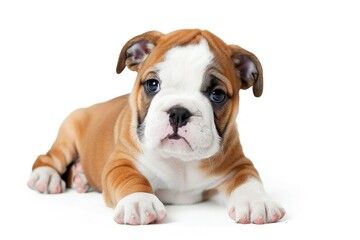 Fototapeta premium A brown and white puppy is lying down on a white surface, looking relaxed