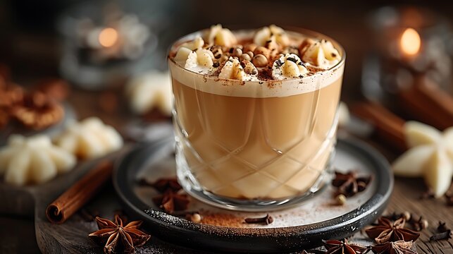 Freshly brewed chai tea latte with spices, 