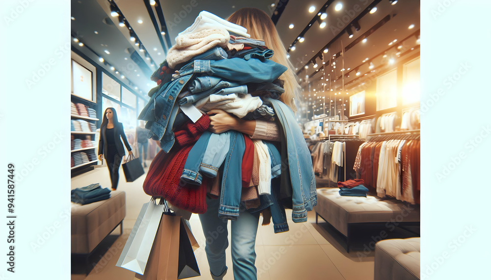 Poster shopper with arms full of clothes concept as candid shot of a shopper holding a large pile of clothe