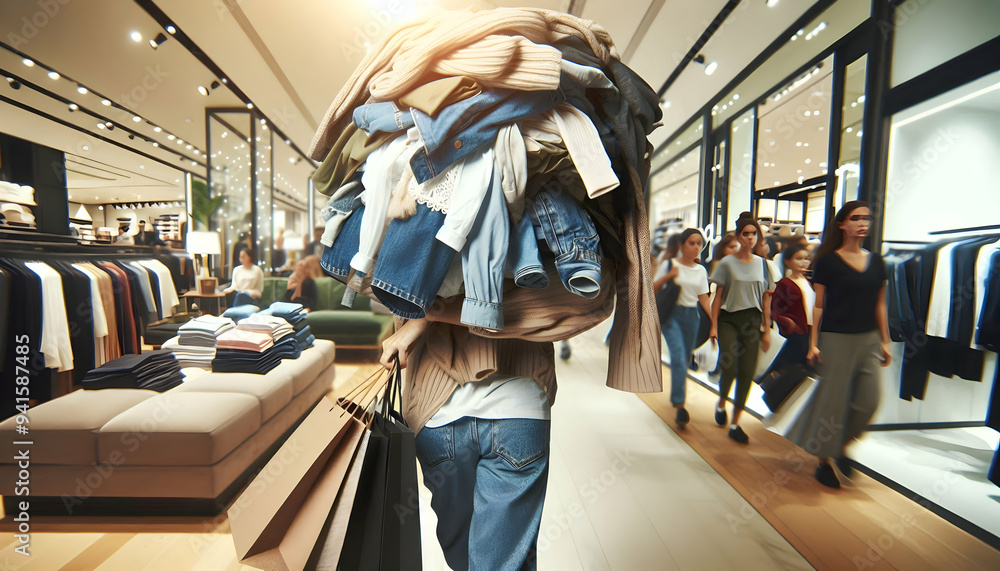 Poster shopper with arms full of clothes concept as candid shot of a shopper holding a large pile of clothe