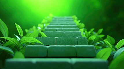 Obraz premium A winding staircase surrounded by vibrant greenery, symbolizing a journey through nature and serenity under a soft green light.