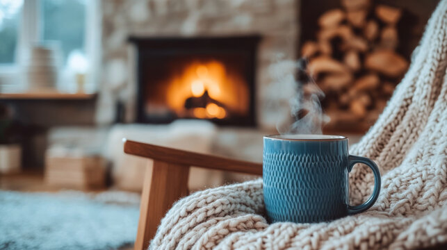 A blue mug of coffee sits on a chair in front of a fireplace