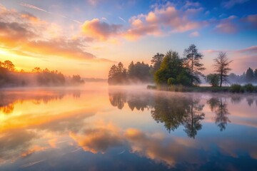 Fototapeta premium Beautiful sunrise over calm lake, sun reflecting on water, trees silhouetted against sky