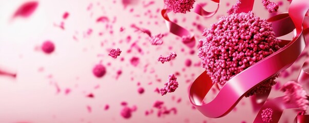 Obraz premium A vibrant composition of pink elements, featuring abstract shapes, ribbons, and particles, representing celebration and joy.