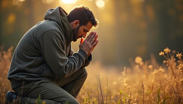Man praying with his hands clasped, humble male person, guy kneeling down outdoors in nature