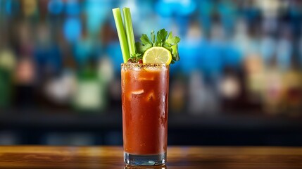 A vibrant Bloody Mary with celery and lemon sits on a bar, inviting brunch with its rich colors.