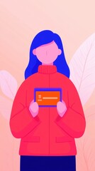 A vibrant illustration of a young woman in a red jacket holding a tablet in a stylish, contemporary setting.