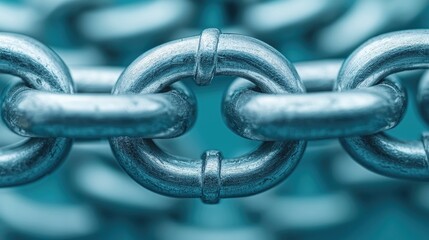 Close-up of a metallic chain link in blue tones, symbolizing strength, unity, and connectivity in industrial design.