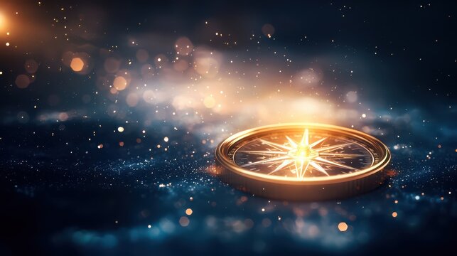 Glowing compass on a starry background, symbolizing guidance and exploration in a mystical universe.