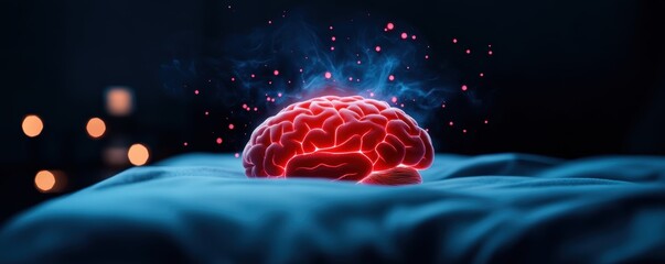 A vibrant red brain pulsing with energy, symbolizing intelligence and creativity in a serene environment.