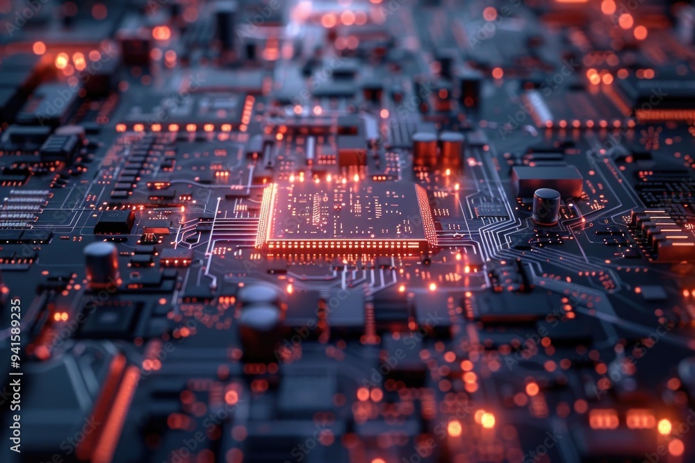 Poster close up view of a computer circuit board with electronic components and wires