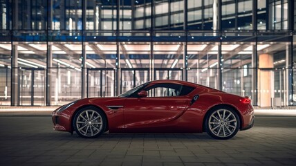 A red sports car in front of a modern illuminated building at night