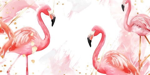Naklejka premium Watercolor flamingo pattern on a minimalist background, luxurious pink and gold design 