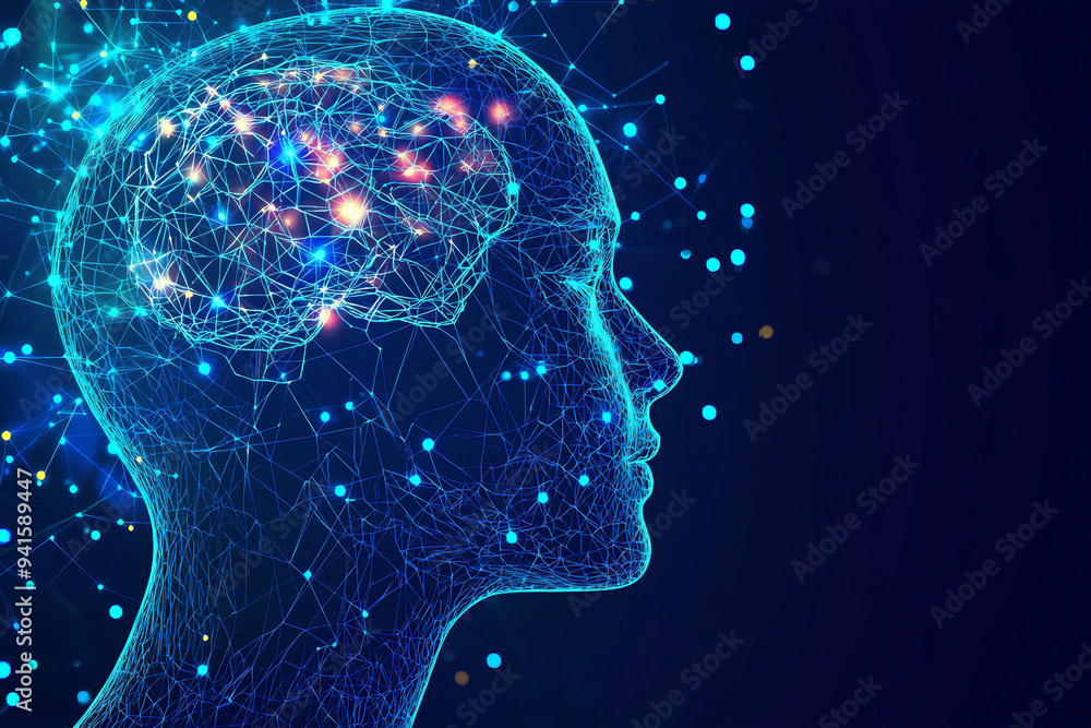 Poster artificial intelligence concept with hologram of robot head and glowing digital brain on a blue back