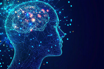 Artificial Intelligence concept with hologram of robot head and glowing digital brain on a blue background.Technology and engineering concept.