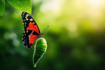 Obraz premium A vivid butterfly emerging from its chrysalis, symbolizing transformation and beauty in nature's vibrant colors.