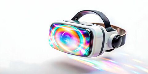 Suspended VR headset with holographic projections on an isolated white background concept as A VR headset floating mid air with holographic projections extending from the lenses all isolated on a whit