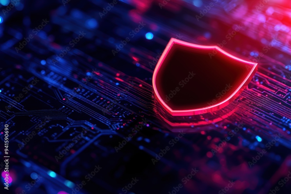 Poster abstract digital security with a glowing shield on a circuit board, representing cybersecurity and p