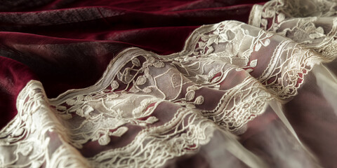 Fototapeta premium Luxurious burgundy and ivory pattern with velvet textures and lace overlays 