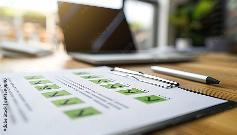 Poster printed corporate goals report with objectives ticked off and green check marks