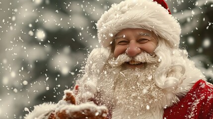 Happy Santa Claus with a gift on a Christmas background. Advertising New Year's Christmas discount, Christmas promotion. Christmas and New Year concept