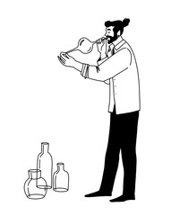 outline drawing, glassblower creating bottles, showcasing the profession. Vector illustration