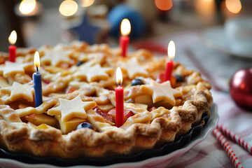 A close up photo of a delicious apple pie topped with star cut-outs and red and blue candles