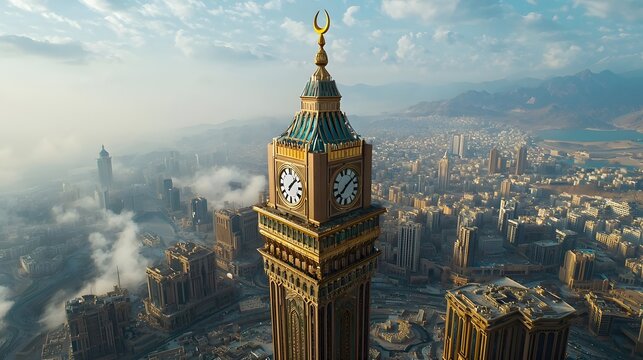 Majestic clock tower in Mecca, showcasing Islamic architecture and vibrant sky.