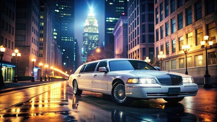 City Lights Elegy: A lone white limousine parked in a dimly lit urban street, creating an evocative and mysterious ambiance