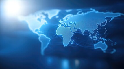 Fototapeta premium Stylized blue world map with glowing elements, perfect for technology, travel, and global themes in digital presentations.
