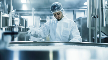 Worker in protective gear stirs ingredients in industrial kitchen at food processing facility during daytime
