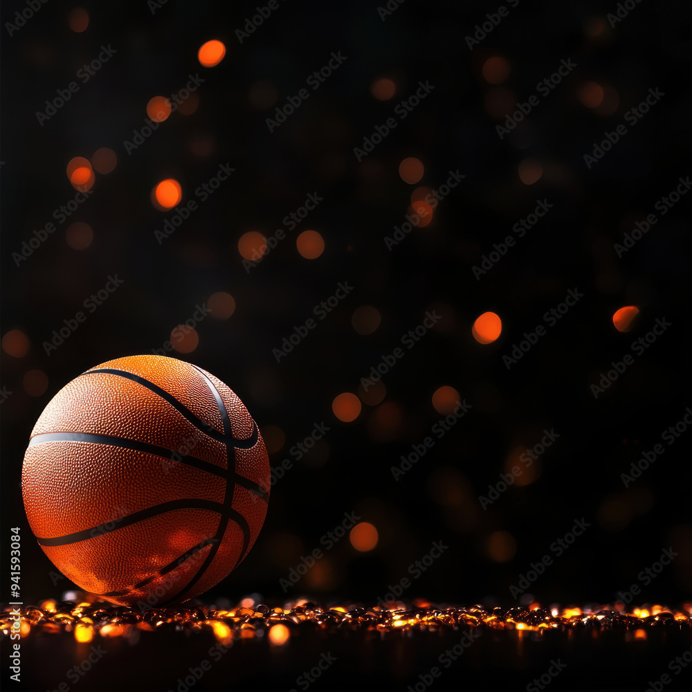 Poster basketball on a dark background with golden bokeh lights creating a dramatic and festive atmosphere.