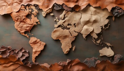 Artistic representation of a world map created with textured leather, showcasing natural colors and intricate details.